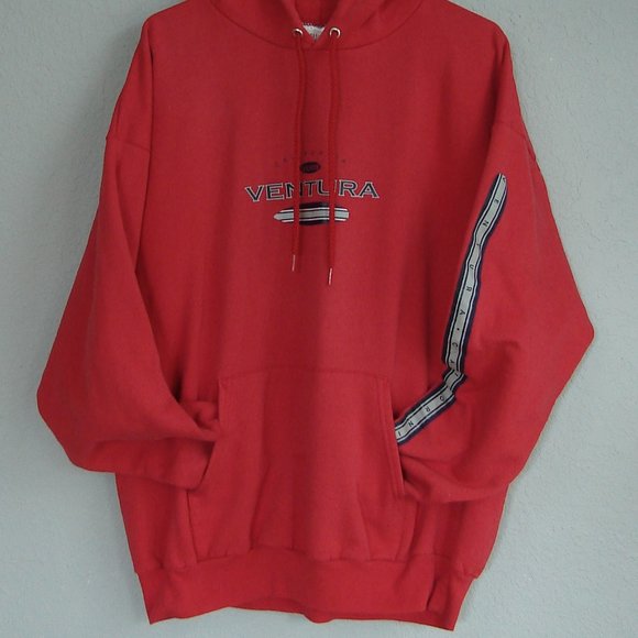 Lighter Tone Red Hoodie Ventura CA Surf Mens Womens Unisex Arm Stripe Surfboard - Picture 2 of 14